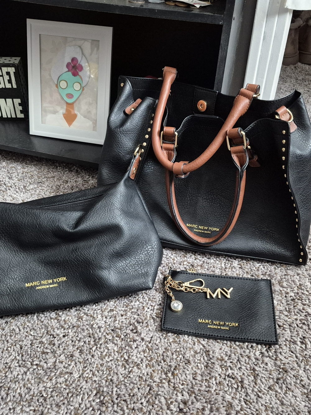 Marc New York Black Leather Tote with Tan Handles and Matching Accessories